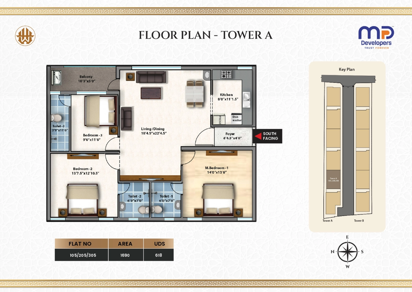MP The White House – 3 BHK Unit Floor Plan, Tower A